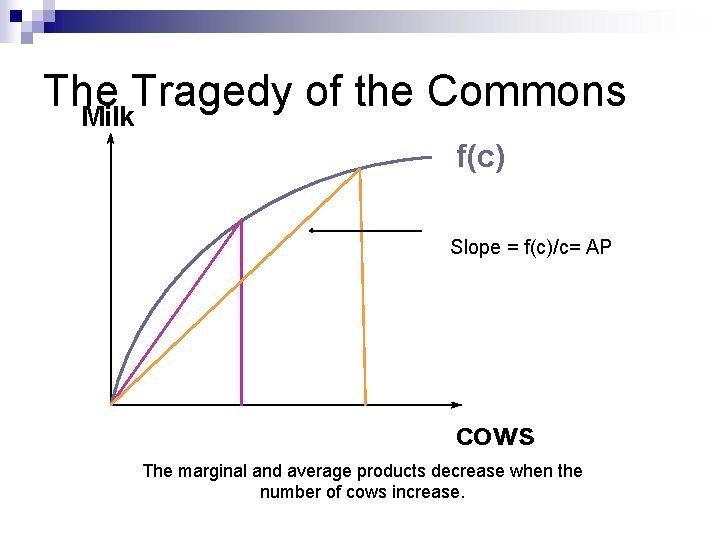 The Tragedy of the Commons Milk f(c) Slope = f(c)/c= AP cows The marginal