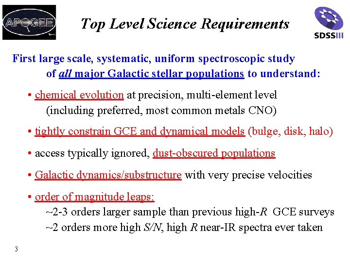 Top Level Science Requirements First large scale, systematic, uniform spectroscopic study of all major