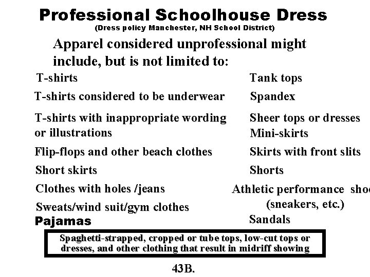 Professional Schoolhouse Dress (Dress policy Manchester, NH School District) Apparel considered unprofessional might include,