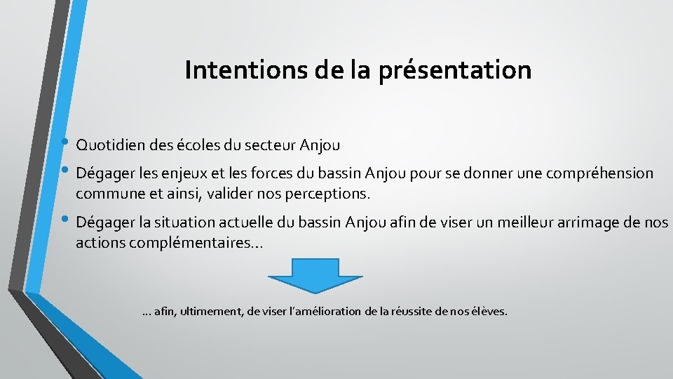 Intentions de la présentation • Quotidien des écoles du secteur Anjou • Dégager les