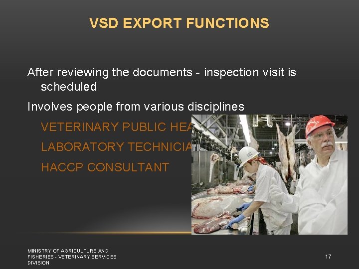 VSD EXPORT FUNCTIONS After reviewing the documents - inspection visit is scheduled Involves people