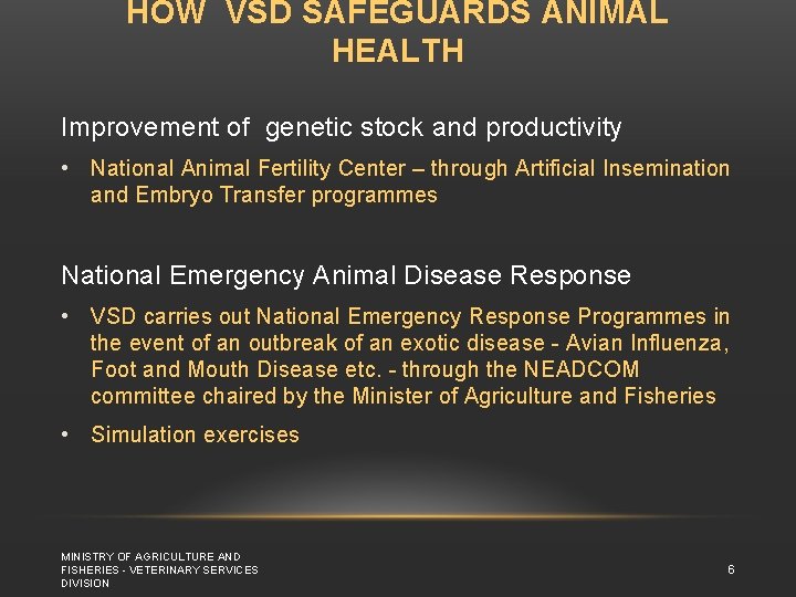 HOW VSD SAFEGUARDS ANIMAL HEALTH Improvement of genetic stock and productivity • National Animal