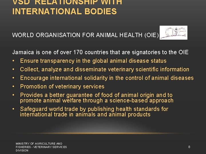 VSD RELATIONSHIP WITH INTERNATIONAL BODIES WORLD ORGANISATION FOR ANIMAL HEALTH (OIE) Jamaica is one