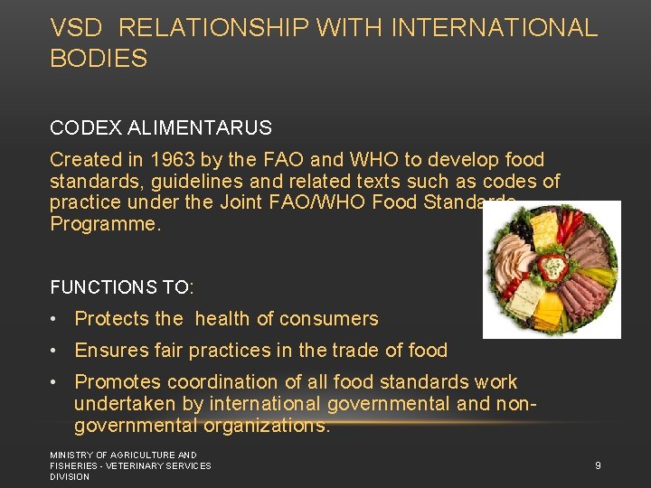 VSD RELATIONSHIP WITH INTERNATIONAL BODIES CODEX ALIMENTARUS Created in 1963 by the FAO and