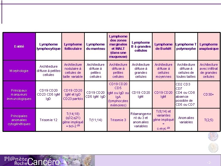 Entité Morphologie Principaux marqueurs immunologiques Principales anomalies cytogénétiques Lymphome folliculaire Lymphome du manteau Lymphome