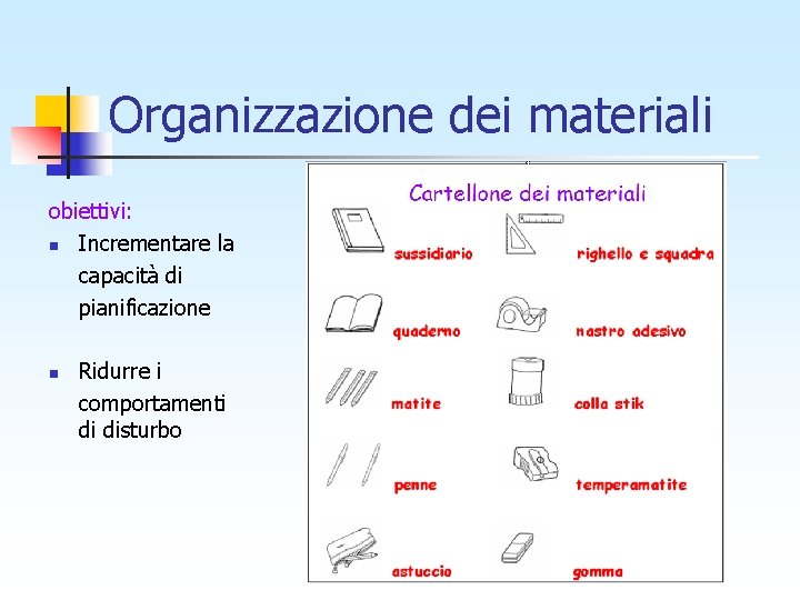 Organizzazione dei materiali obiettivi: n Incrementare la capacità di pianificazione n Ridurre i comportamenti