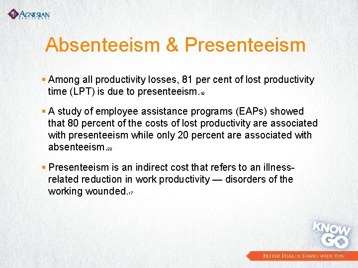 Absenteeism & Presenteeism § Among all productivity losses, 81 per cent of lost productivity