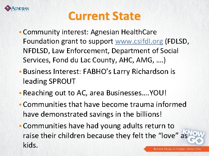 Current State § Community interest: Agnesian Health. Care Foundation grant to support www. csifdl.