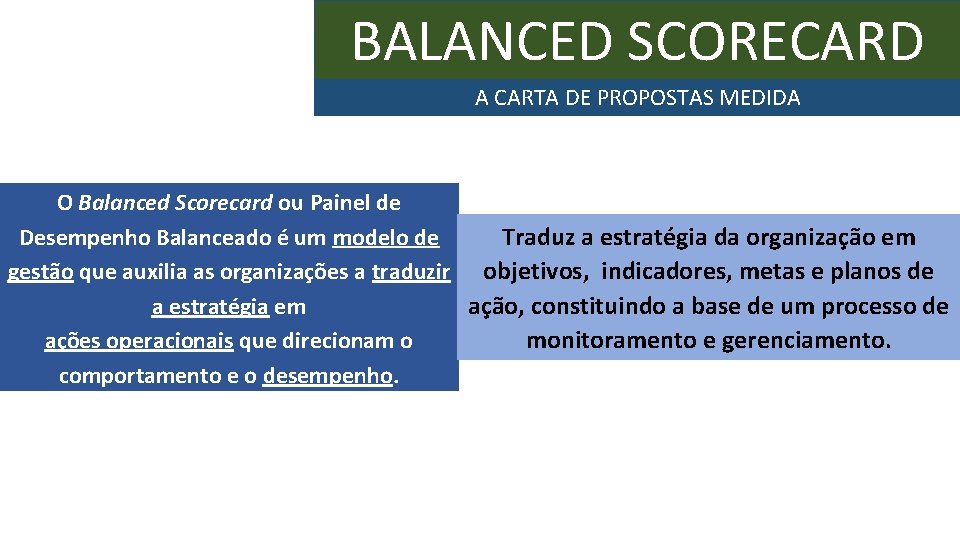 BALANCED SCORECARD A CARTA DE PROPOSTAS MEDIDA O Balanced Scorecard ou Painel de Desempenho