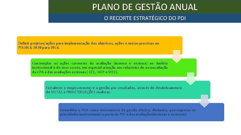 PLANO DE GESTÃO ANUAL O RECORTE ESTRATÉGICO DO PDI Definir projetos/ações para implementação dos