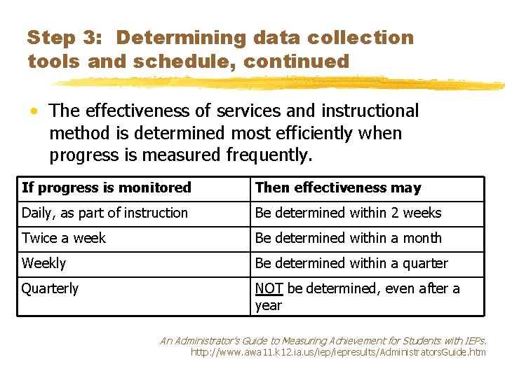 Step 3: Determining data collection tools and schedule, continued • The effectiveness of services