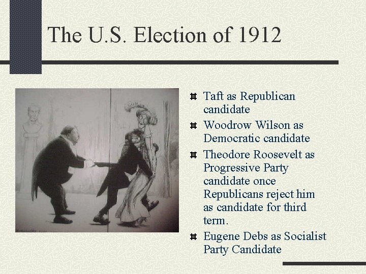 The U. S. Election of 1912 Taft as Republican candidate Woodrow Wilson as Democratic