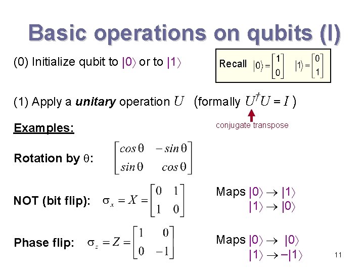Basic operations on qubits (I) (0) Initialize qubit to |0 or to |1 Recall Basic operations on qubits (I) (0) Initialize qubit to |0 or to |1 Recall