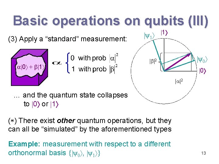 Basic operations on qubits (III) (3) Apply a “standard” measurement: 0 + 1 ψ1 Basic operations on qubits (III) (3) Apply a “standard” measurement: 0 + 1 ψ1