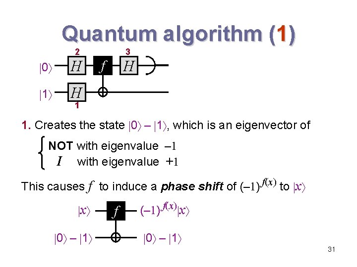 Quantum algorithm (1) 2 0 H 1 H 3 H f 1 1. Creates Quantum algorithm (1) 2 0 H 1 H 3 H f 1 1. Creates