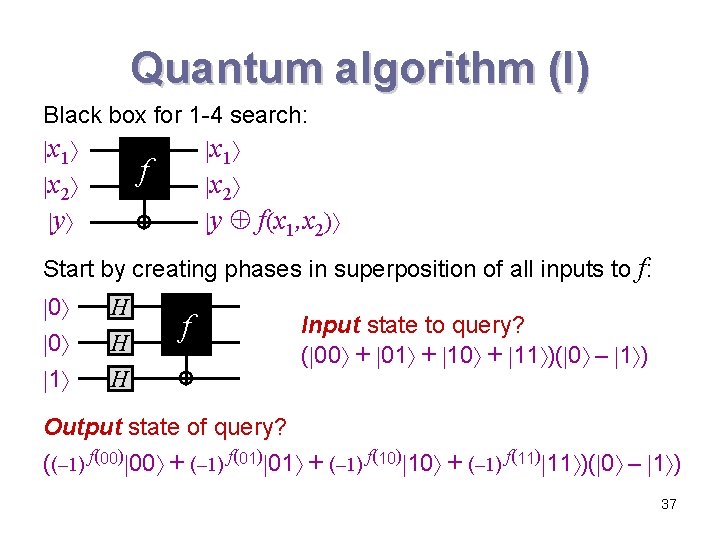 Quantum algorithm (I) Black box for 1 -4 search: x 1 f x 2 Quantum algorithm (I) Black box for 1 -4 search: x 1 f x 2