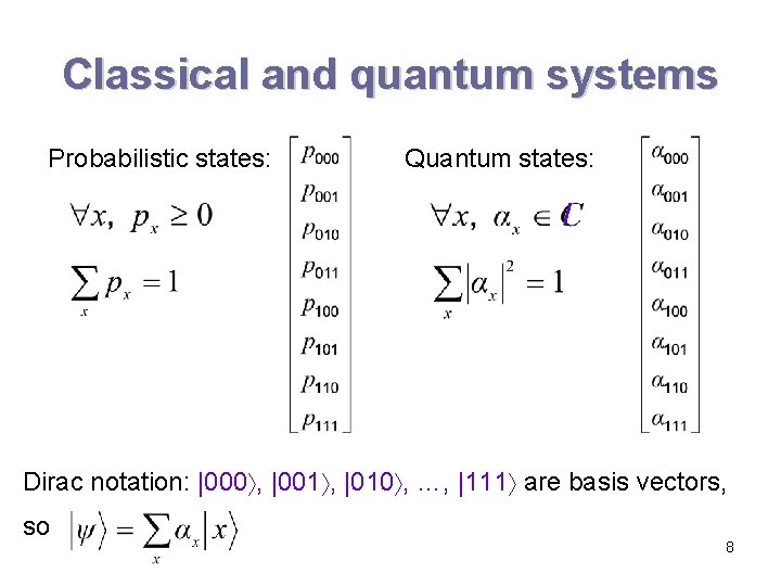 Classical and quantum systems Probabilistic states: Quantum states: Dirac notation: |000 , |001 , Classical and quantum systems Probabilistic states: Quantum states: Dirac notation: |000 , |001 ,