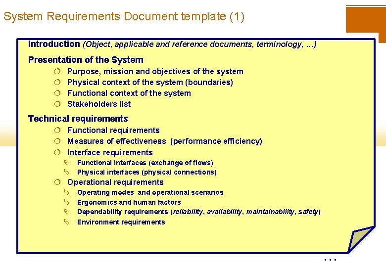 System Requirements Document template (1) Introduction (Object, applicable and reference documents, terminology, …) Presentation