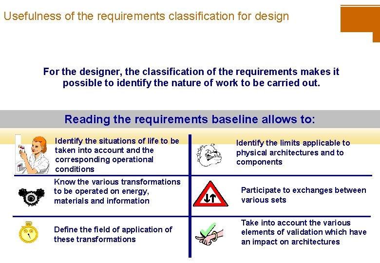 Usefulness of the requirements classification for design For the designer, the classification of the