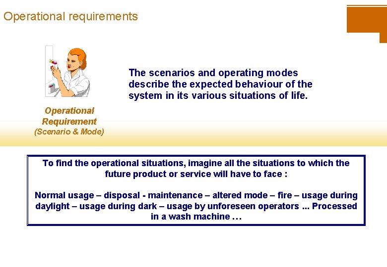 Operational requirements The scenarios and operating modes describe the expected behaviour of the system