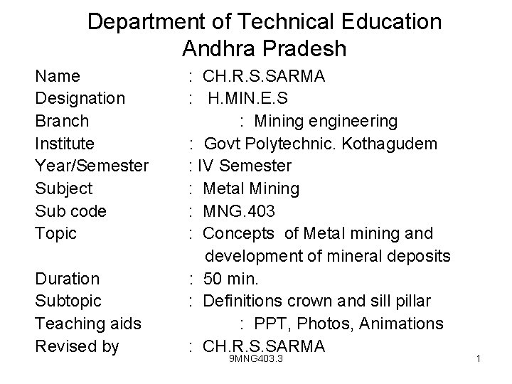 Department of Technical Education Andhra Pradesh Name Designation Branch Institute Year/Semester Subject Sub code