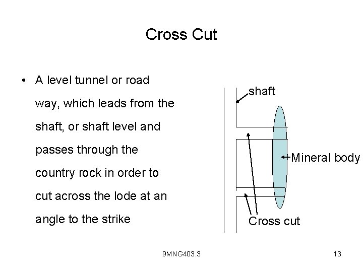 Cross Cut • A level tunnel or road way, which leads from the shaft,