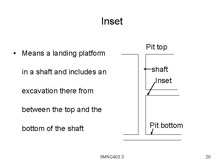 Inset • Means a landing platform in a shaft and includes an Pit top