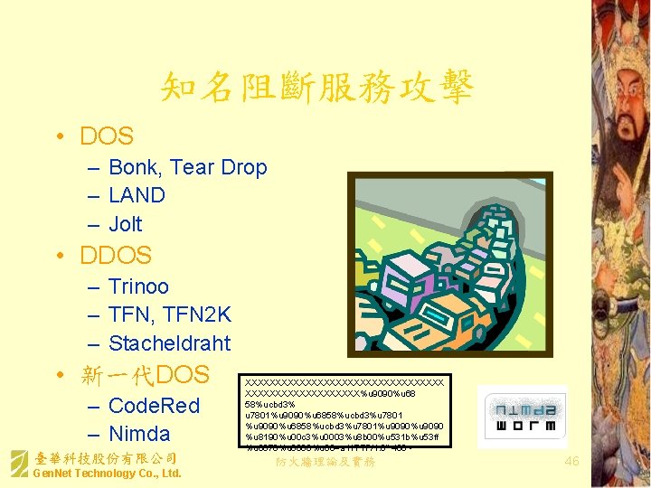 知名阻斷服務攻擊 • DOS – Bonk, Tear Drop – LAND – Jolt • DDOS –