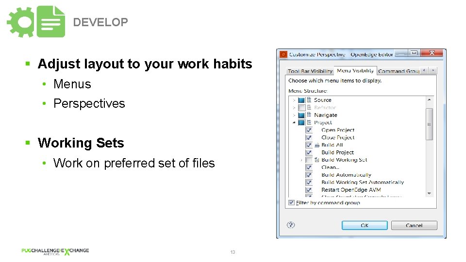 DEVELOP § Adjust layout to your work habits • Menus • Perspectives § Working