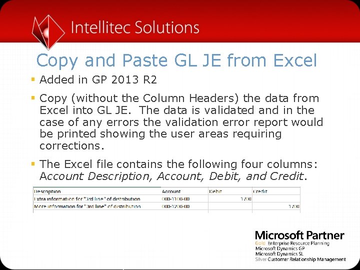 Copy and Paste GL JE from Excel § Added in GP 2013 R 2