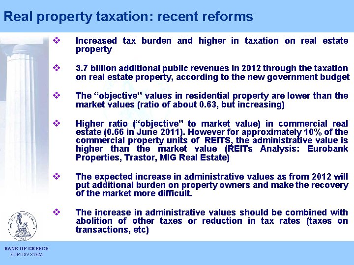 Real property taxation: recent reforms BANK OF GREECE EUROSYSTEM v Increased tax burden and