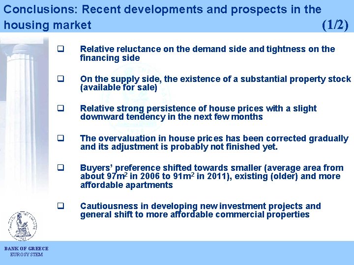 Conclusions: Recent developments and prospects in the housing market (1/2) BANK OF GREECE EUROSYSTEM