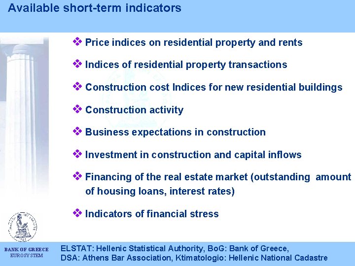 Available short-term indicators v Price indices on residential property and rents v Indices of