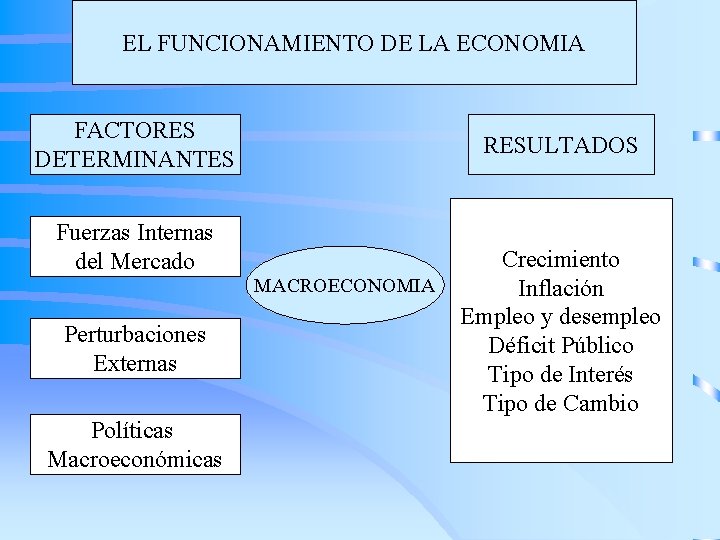EL FUNCIONAMIENTO DE LA ECONOMIA FACTORES DETERMINANTES RESULTADOS Fuerzas Internas del Mercado MACROECONOMIA Perturbaciones