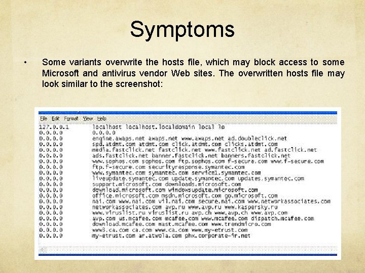 Symptoms • Some variants overwrite the hosts file, which may block access to some
