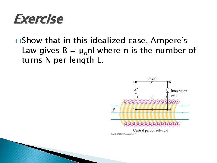 Exercise � Show that in this idealized case, Ampere's Law gives B = μon. Exercise � Show that in this idealized case, Ampere's Law gives B = μon.