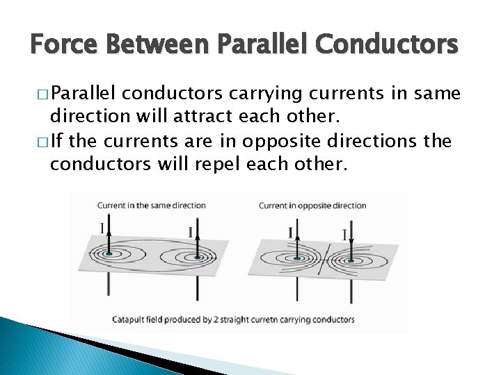Force Between Parallel Conductors � Parallel conductors carrying currents in same direction will attract Force Between Parallel Conductors � Parallel conductors carrying currents in same direction will attract