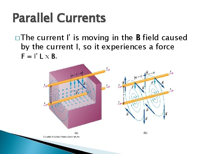 Parallel Currents � The current I' is moving in the B field caused by Parallel Currents � The current I' is moving in the B field caused by