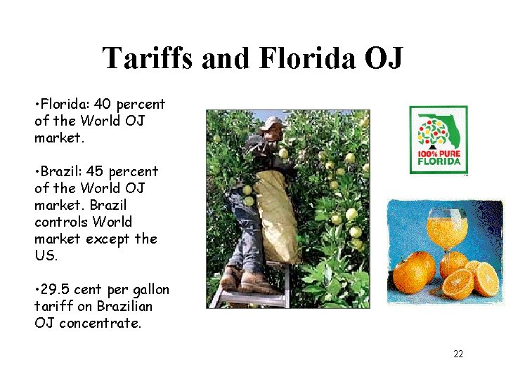 Tariffs and Florida OJ • Florida: 40 percent of the World OJ market. •