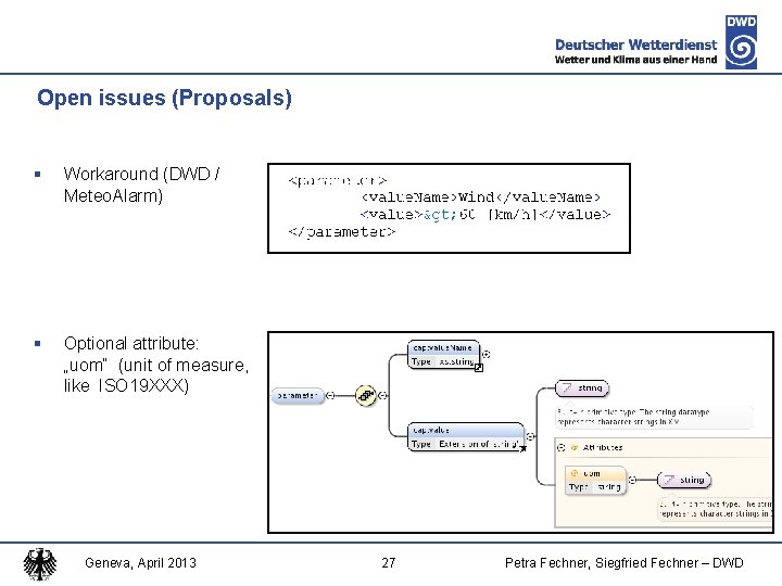 Open issues (Proposals) § Workaround (DWD / Meteo. Alarm) § Optional attribute: „uom“ (unit