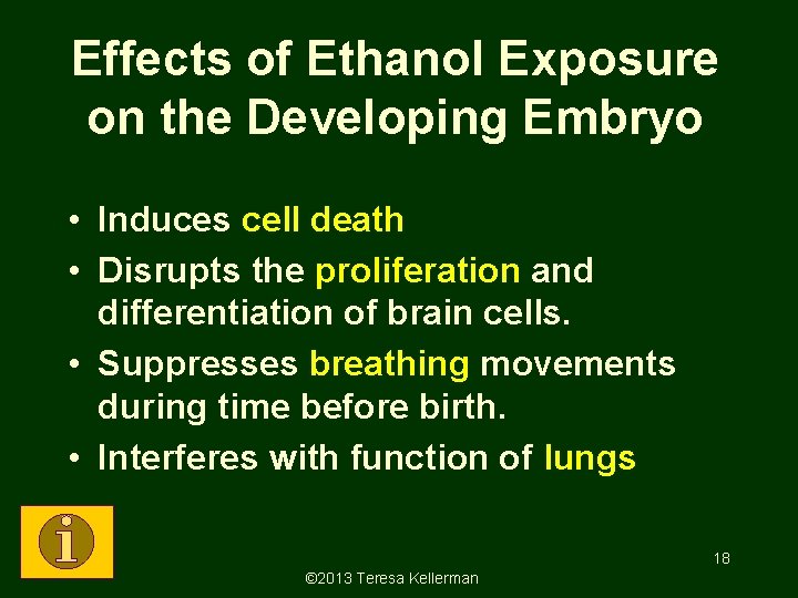 Effects of Ethanol Exposure on the Developing Embryo • Induces cell death • Disrupts