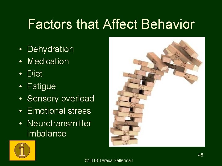 Factors that Affect Behavior • • Dehydration Medication Diet Fatigue Sensory overload Emotional stress Factors that Affect Behavior • • Dehydration Medication Diet Fatigue Sensory overload Emotional stress