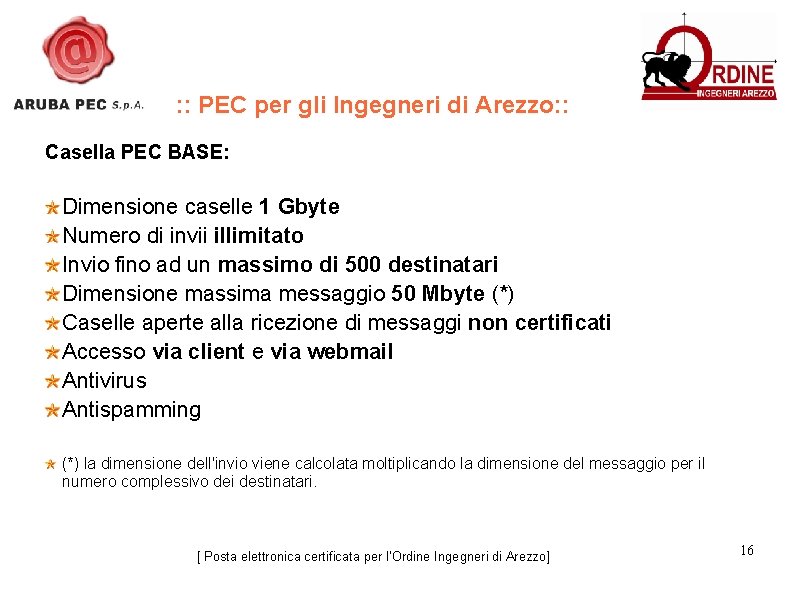 : : PEC per gli Ingegneri di Arezzo: : Casella PEC BASE: Dimensione caselle