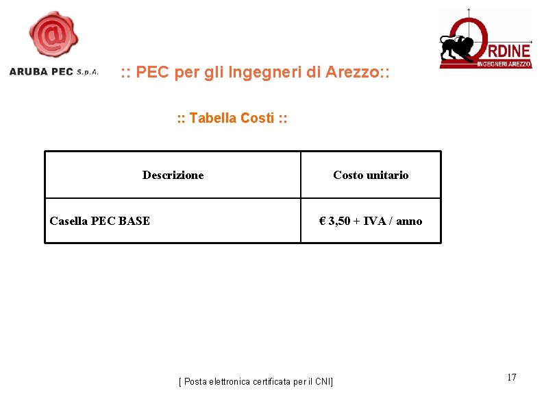 : : PEC per gli Ingegneri di Arezzo: : Tabella Costi : : Descrizione