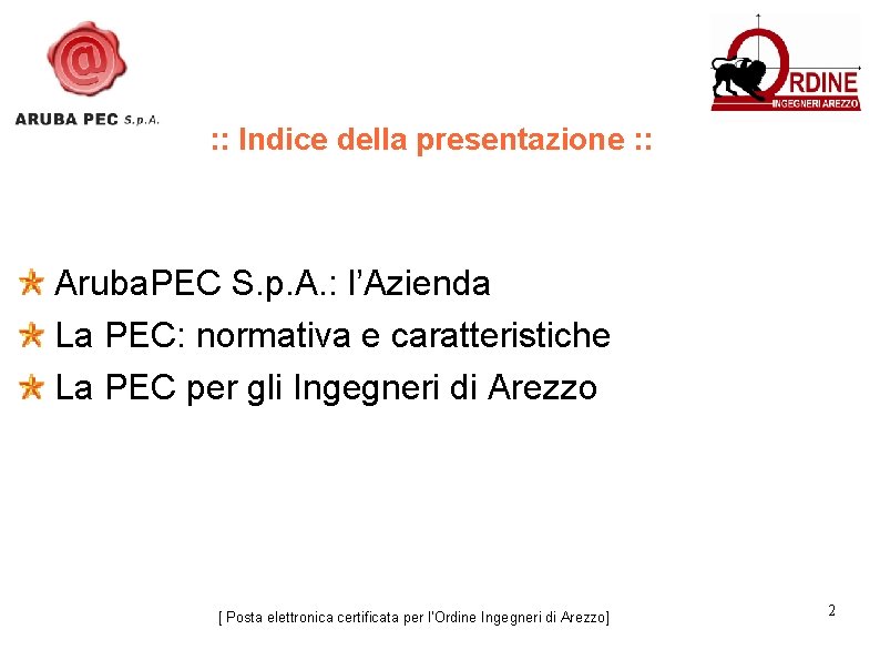 : : Indice della presentazione : : Aruba. PEC S. p. A. : l’Azienda