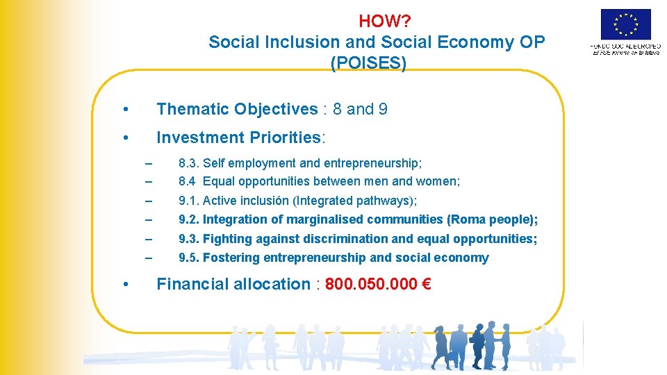 HOW? Social Inclusion and Social Economy OP (POISES) • Thematic Objectives : 8 and