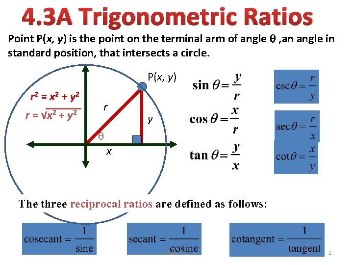 4. 3 A Trigonometric Ratios Point P(x, y) is the point on the terminal