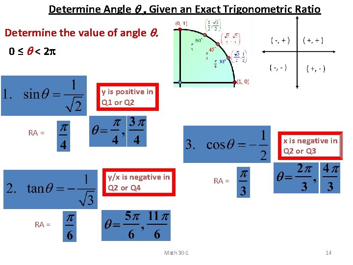 Determine Angle q , Given an Exact Trigonometric Ratio Determine the value of angle