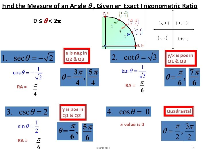 Find the Measure of an Angle q , Given an Exact Trigonometric Ratio 0