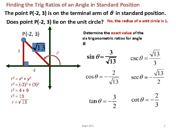 Finding the Trig Ratios of an Angle in Standard Position The point P(-2, 3)